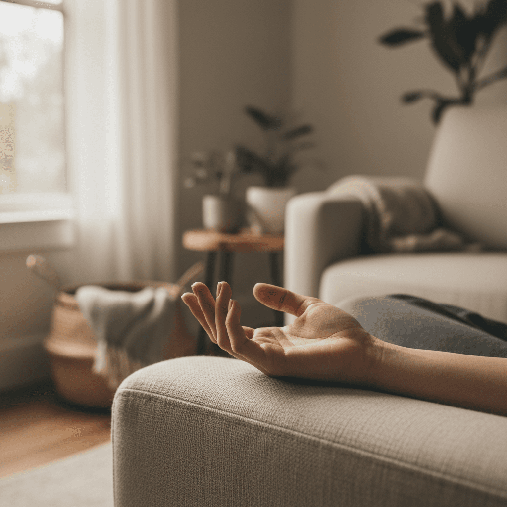 Esthétique chaleureuse et intime en gros plan d'une main de femme reposant paisiblement sur ses genoux dans un fauteuil de thérapie confortable